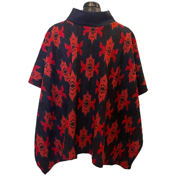 Heritage-Inspired Heavyweight Vintage 80s Wool Poncho – Red Geometric Pattern - Picture 5 of 8
